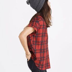 Madewell Central Shirt in True Red Dahl Plaid, XS, Short Sleeve Button Oversized